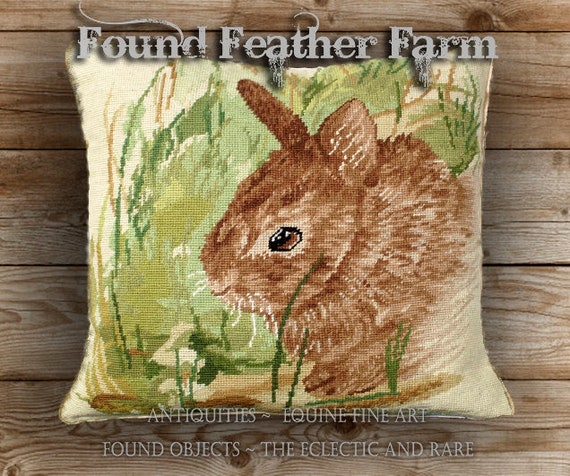 Handmade Wool 18" x 18" Needlepoint Pillow of a Baby Bunny with Down Fill