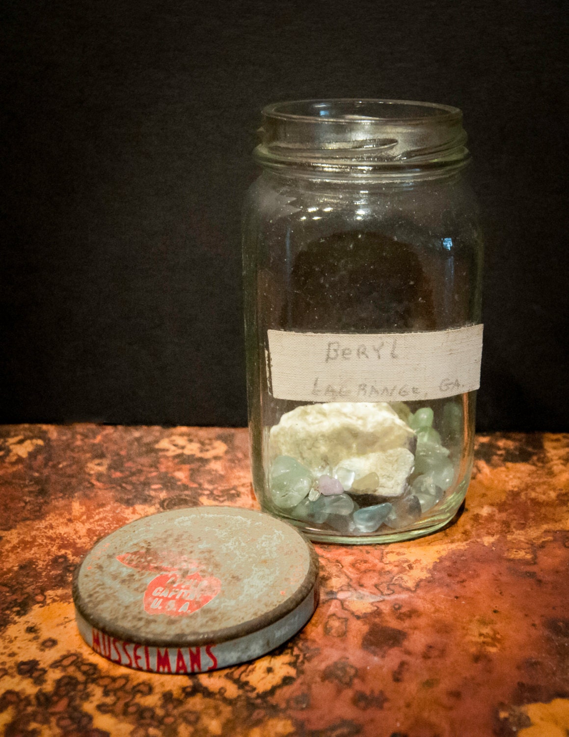Variety of Beryl Rock Samples in an Antique Musselman's Jar