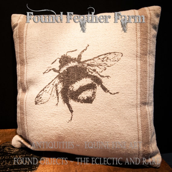 Small Vintage Inspired Woven Cotton Honey Bee Throw Pillow