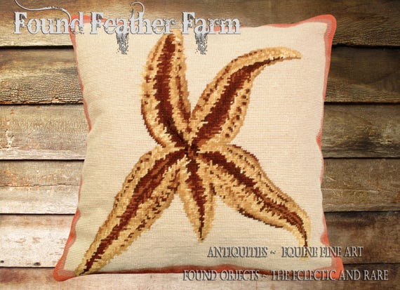 Handmade Needlepoint Pillow Featuring an Ocean Sea Star with a Down Insert