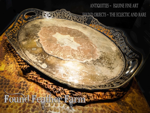 Awesome Vintage Silver Plated Tray With Etchings, Exceptional Fretwork and Scrolled Handles
