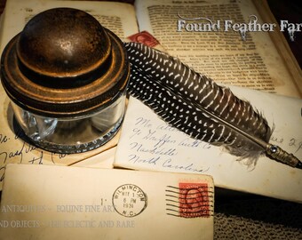 Antique Glass and Iron Ink Well with Feather Pen