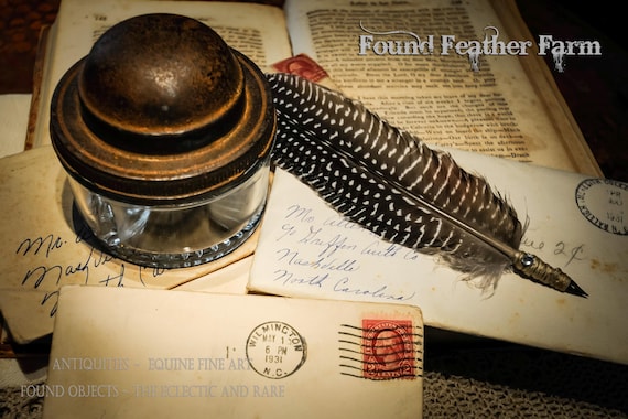 Antique Glass and Iron Ink Well with Feather Pen
