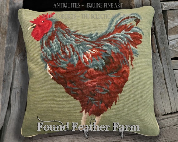 Handmade Needlepoint Pillow of a Rhode Island Red Chicken with a Down Insert
