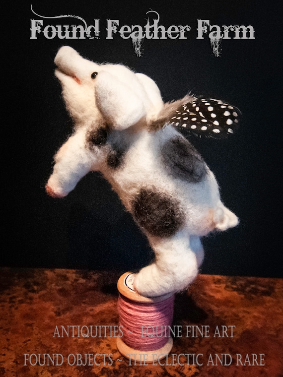 Adorable Handmade Needle Felted Spotted Flying Pig on a Vintage Wooden Thread Spool