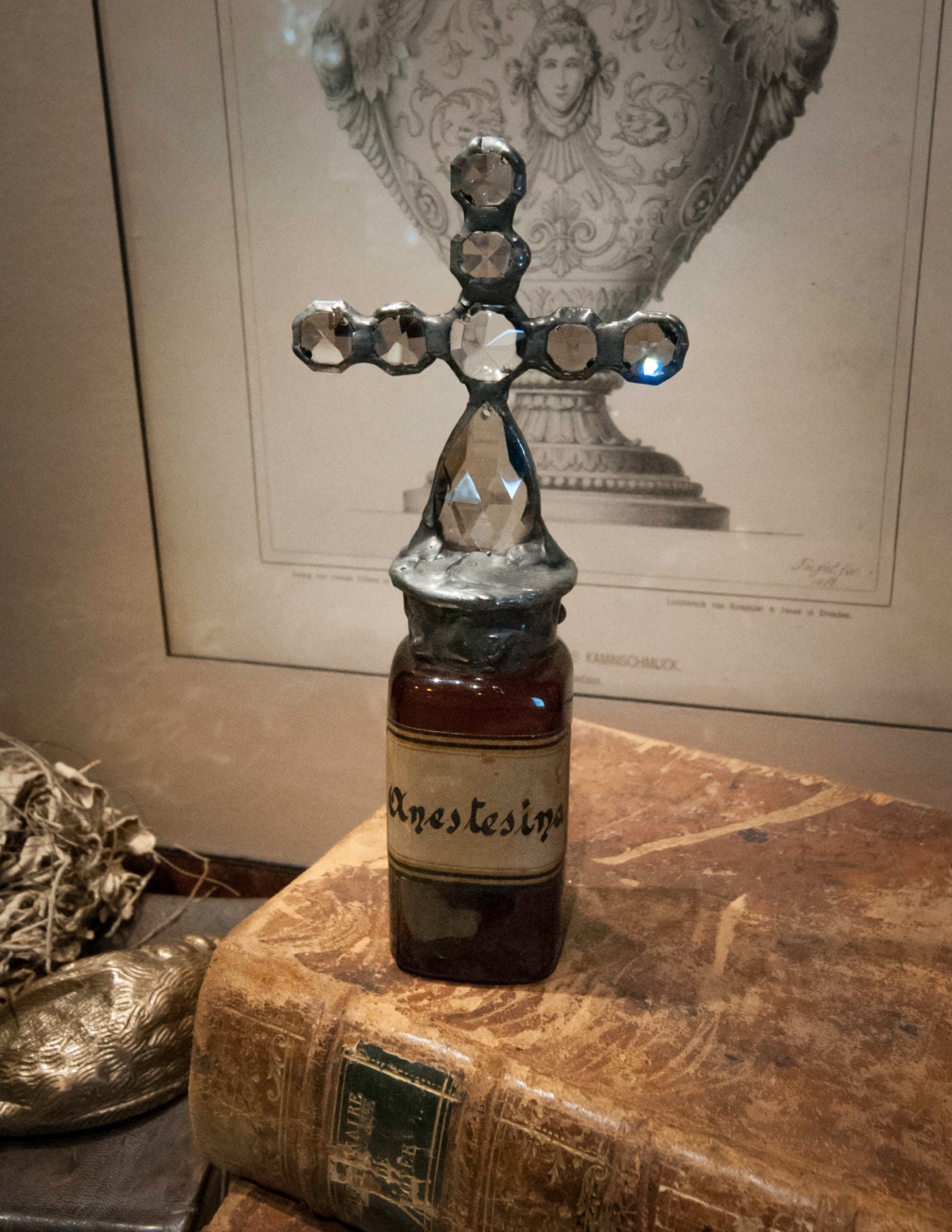 Handmade Glass Cross Bottle with an Antique Brown Glass Pharmaceutical ...
