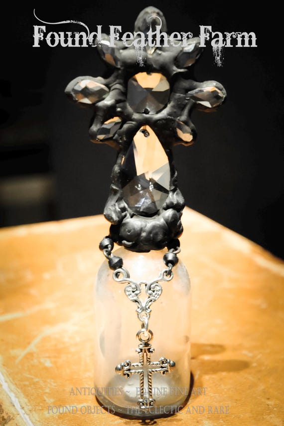 Heirloom Whispers Collection Handmade Glass Cross Bottle With a Century Old Antique Glass Bottle Base and Vintage European Crystals