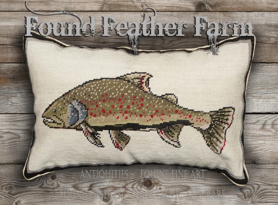 Handmade Needlepoint Pillow of a Swimming Bull Trout with a Down Insert