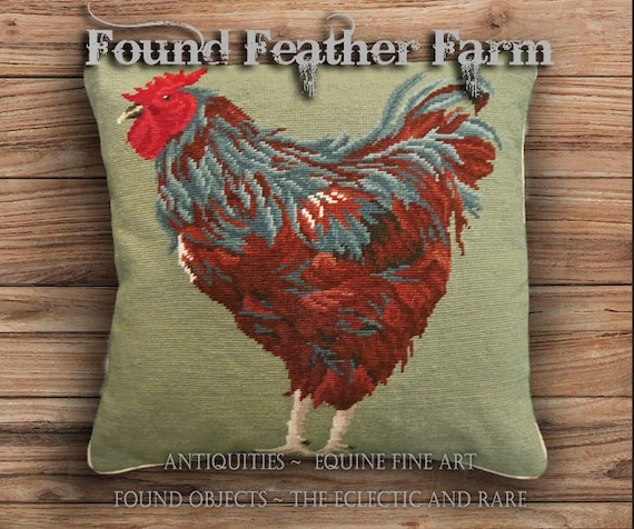 Handmade Needlepoint Pillow of a Rhode Island Red Chicken with a Down Insert