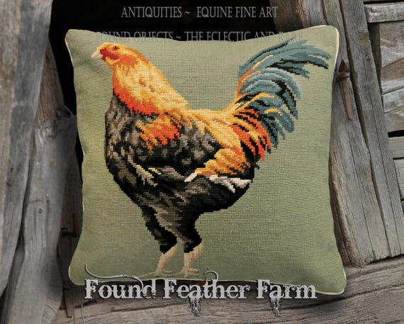 Handmade Needlepoint Pillow of An English Game Cock Chicken with Down Insert