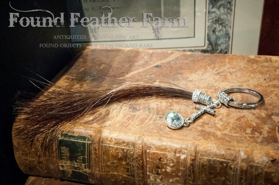 Chestnut Horsehair Keyring with a Jeweled Rhinestone Cross