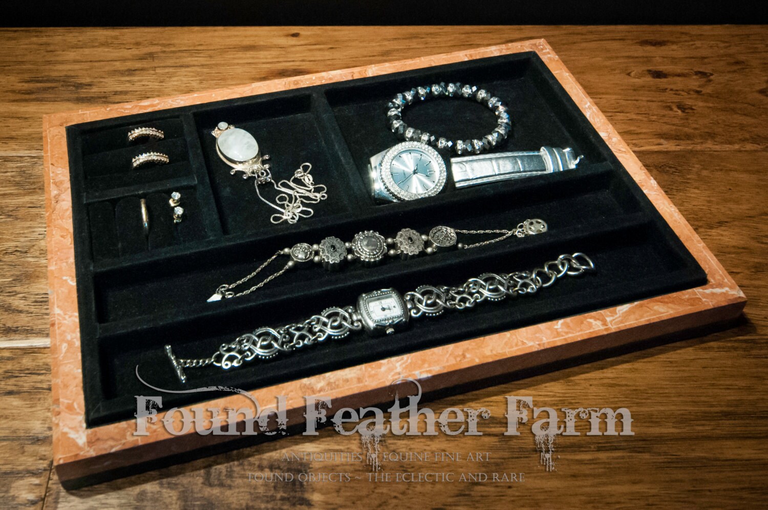 Velvet Lined Jewelers Tray with Inlaid Mactan Stone Marble Base