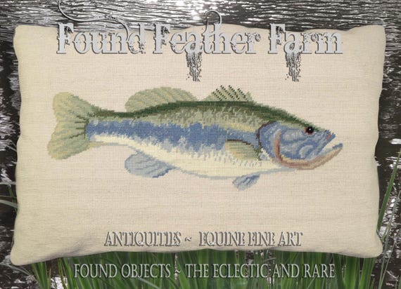 Handmade Needlepoint Bass Fish Pillow with a Down Insert