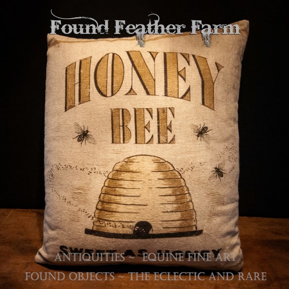 Vintage Style Cotton Faux Honey Bee Grain Sack Pillow