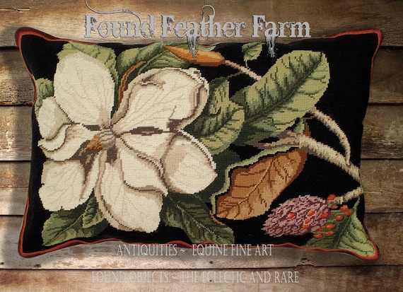 Handmade Large Needlepoint Williamsburg Magnolia Pillow with Down Insert