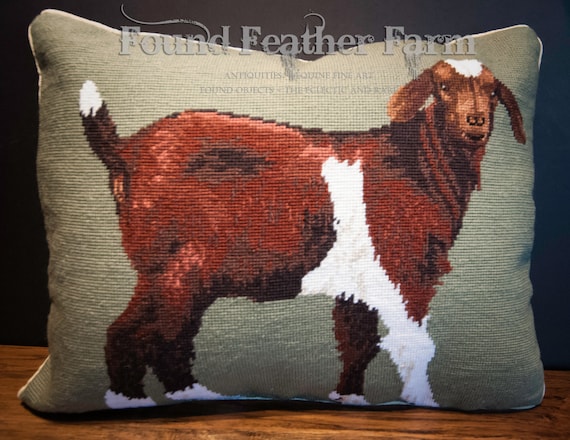 Handmade Wool Needlepoint Pillow of a Billy Goat with Down Fill