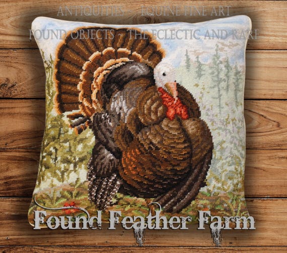 Handmade Wool Needlepoint Pillow Featuring a Male Tom Turkey