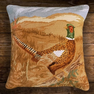 Handmade Wool Needlepoint Pillow of an English Pheasant with Down Fill