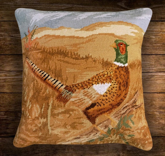 Handmade Wool Needlepoint Pillow of an English Pheasant with Down Fill