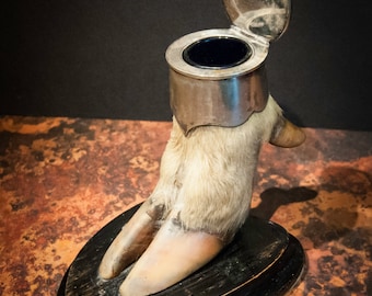 Antique British Red Stag Foot Silver Inkwell