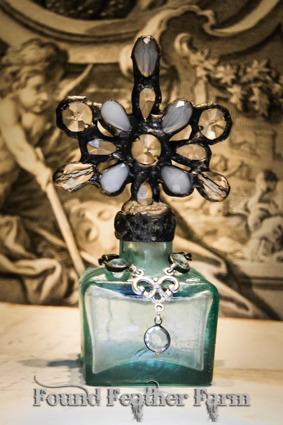 Handmade Glass Cross Bottle With a Century Old Antique Glass Bottle Base and Vintage European Crystals Heirloom Whispers Collection