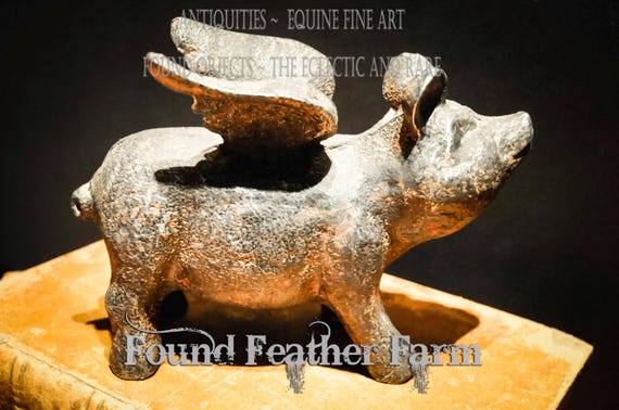 Cast Iron Whimsical Flying Pig Statue
