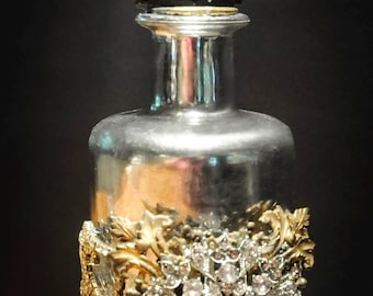 Vintage Mercury Glass Small Bottle Jeweled with Rhinestones and Topped with a Crown