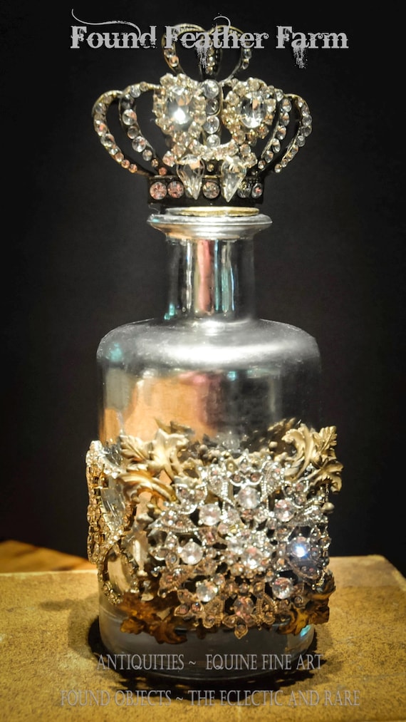 Vintage Mercury Glass Small Bottle Jeweled with Rhinestones and Topped with a Crown