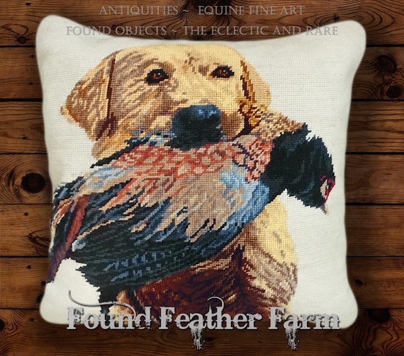 Handmade 18" x 18" Needlpoint Pillow with a Goose Down Fill Featuring a Yellow Labrador Retrieving a Fresh Pheasant