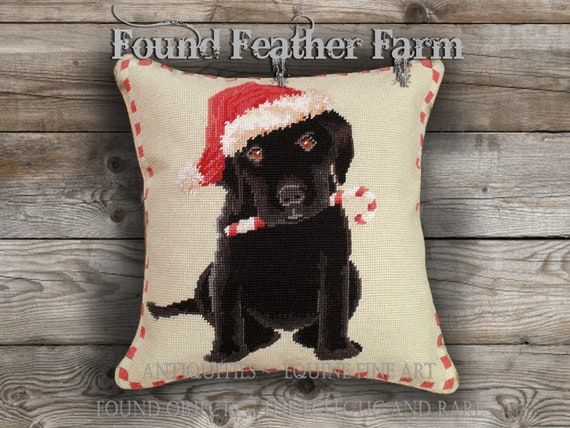 Handmade Needlepoint Pillow of a Black Lab Puppy all Ready for the Holidays With a Down Insert