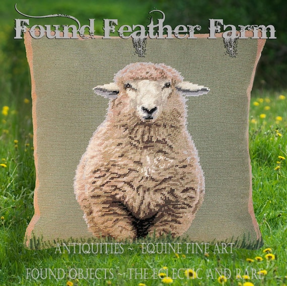 Handmade Wool Needlepoint Pillow of an English Sheep with Down Fill
