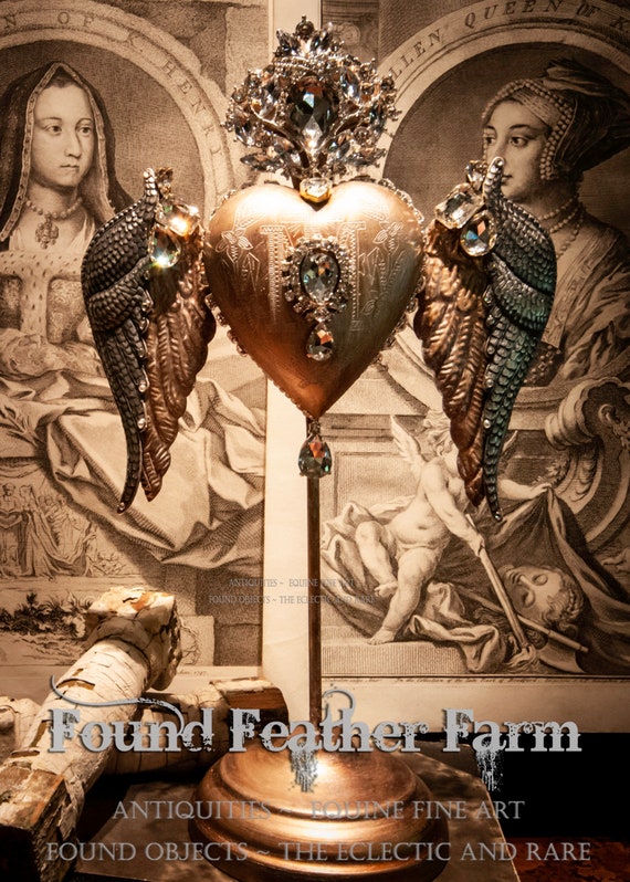 Fabulous Puffed Sacred Heart Ex Voto on a Stand in Antique Gold With a Silver Wash and Heavily Jeweled