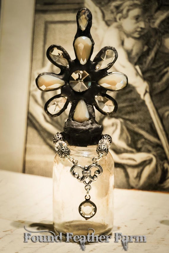 Handmade Glass Cross Bottle With a Century Old Antique Glass Bottle Base and Vintage European Crystals Heirloom Whispers Collection