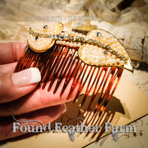 A Vintage French Handmade Hair Comb with Pearls and Rhinestones