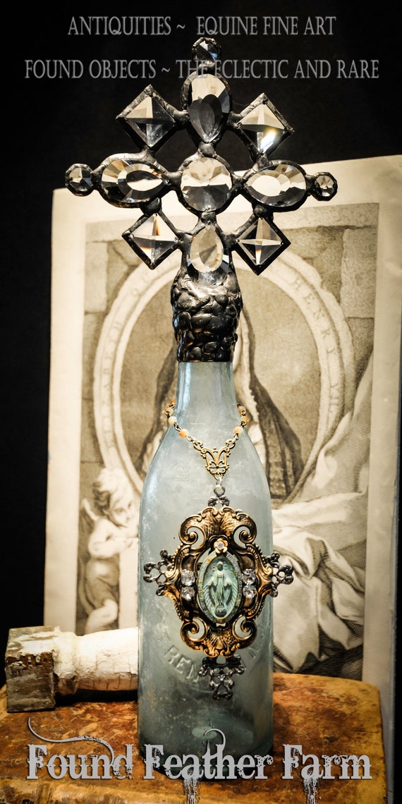 Heirloom Whispers Collection Handmade Antique Dark Frosted Aqua Glass Cross Bottle with Vintage European Crystals