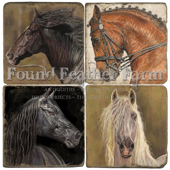 Set of Four Fine Italian Tumbled Marble Coasters with Original Equine Art Images