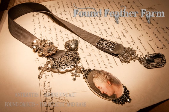 Beautiful Handmade Ribbon Bookmark Equipage with Pewter Silver Vintage Details And a Cameo Featuring Catherine The Great