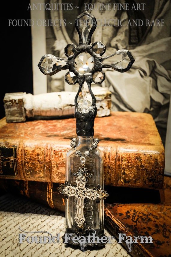 Heirloom Whispers Collection Handmade Antique Pale Grey Glass Cross Bottle with Vintage European Crystals