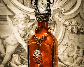 Antique Amber Glass Cross Bottle With Vintage Crystals and Skeleton Key Charm