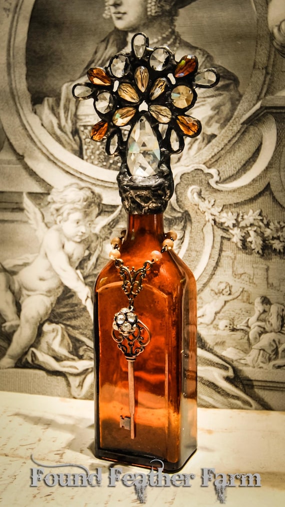 Antique Amber Glass Cross Bottle With Vintage Crystals and Skeleton Key Charm