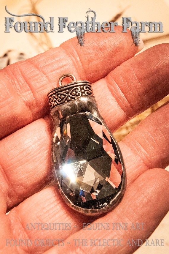 Handmade Soldered Silver Crystal Teardrop Pendant with Pewter Patina and Silver Scrolled End Cap