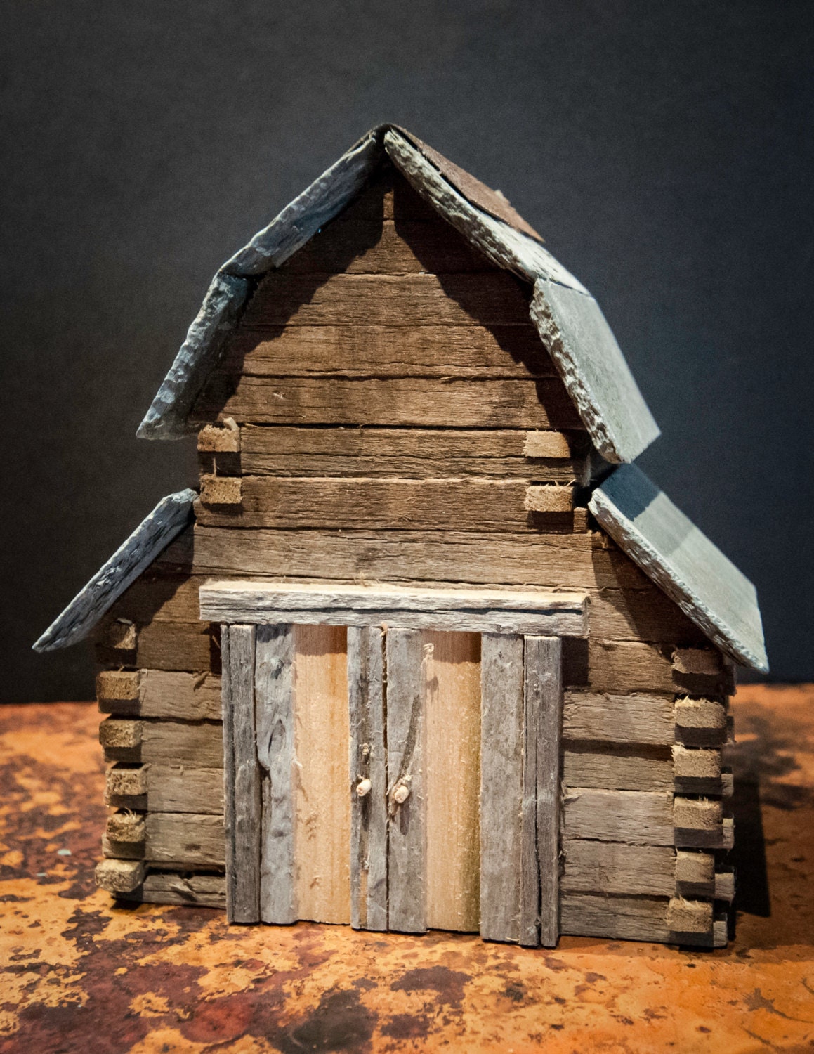 Handmade Vintage Miniature Log Barn with Slate Roof