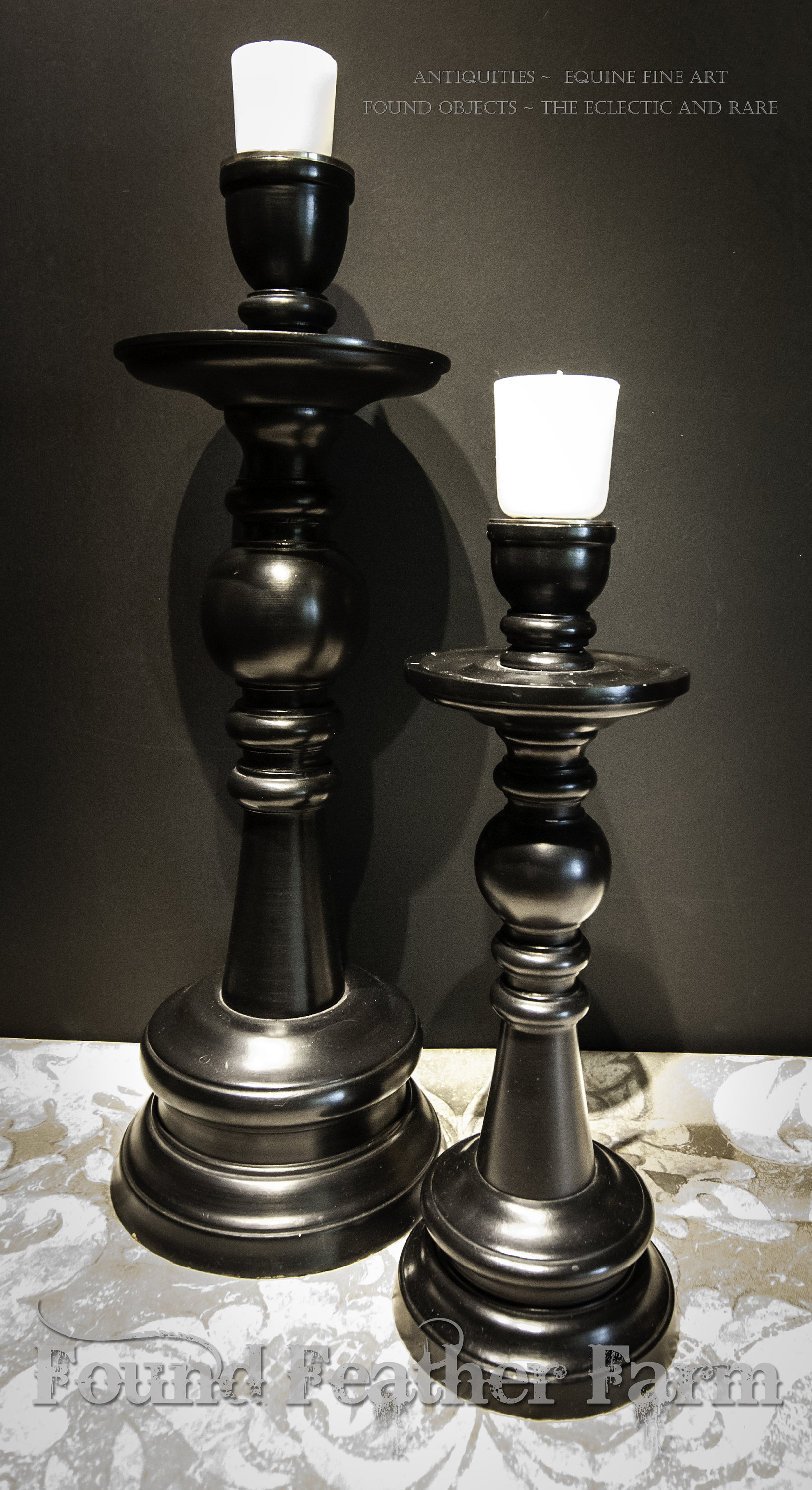 Pair of Vintage Wooden Black Candle Holders with Brushed Steel