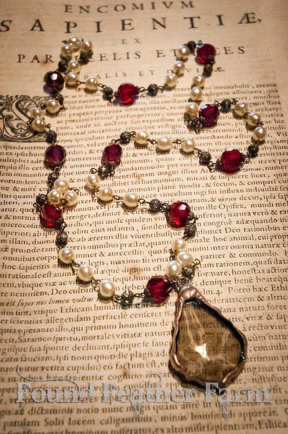 Handmade Soldered Baroque Crystal Pendant on a Beaded Antique Brass Pewter Finished Chain with Faceted Red Crystals and Faux Creme Pearls