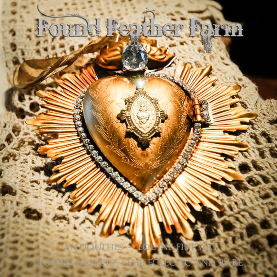 Flaming Heart Tin Ex Voto Locket in Rich Bronze Gold Leaf with Rhinestones and With an Antique Ribbon Hanger