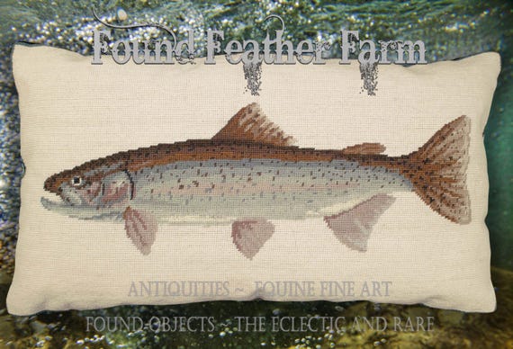 Handmade 28" x 16" Needlepoint Rainbow Trout Fish Pillow with a Down Insert