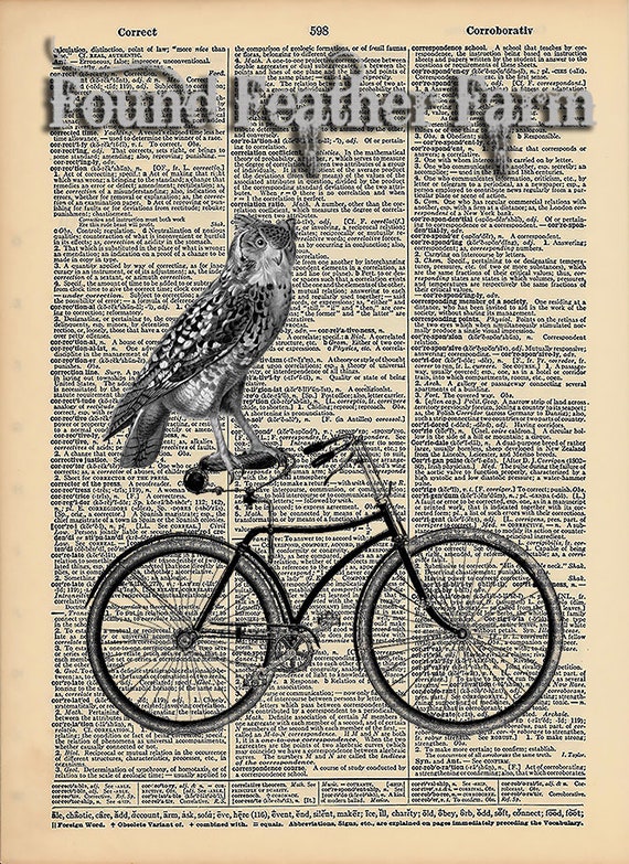 Vintage Antique Dictionary Page with Antique Print "Owl On Bicycle"