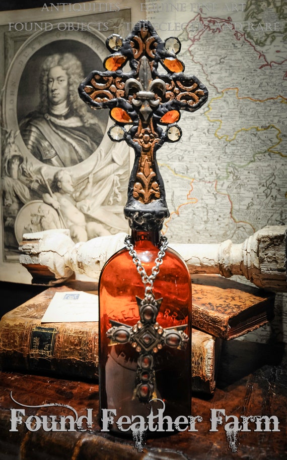 Handmade Glass Cross Bottle with an 1890's era Antique Amber Mahogany Colored Glass Bottle