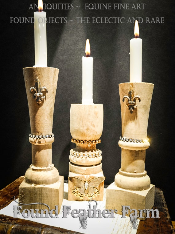 Three Handmade Antique Ballustrade Candle Holders with Rhinestone Jewels and Vintage Details