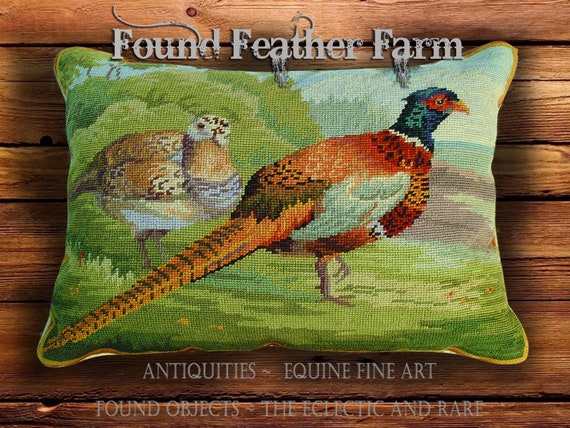 Handmade Needlepoint Pheasant Pillow with Goose Down Insert
